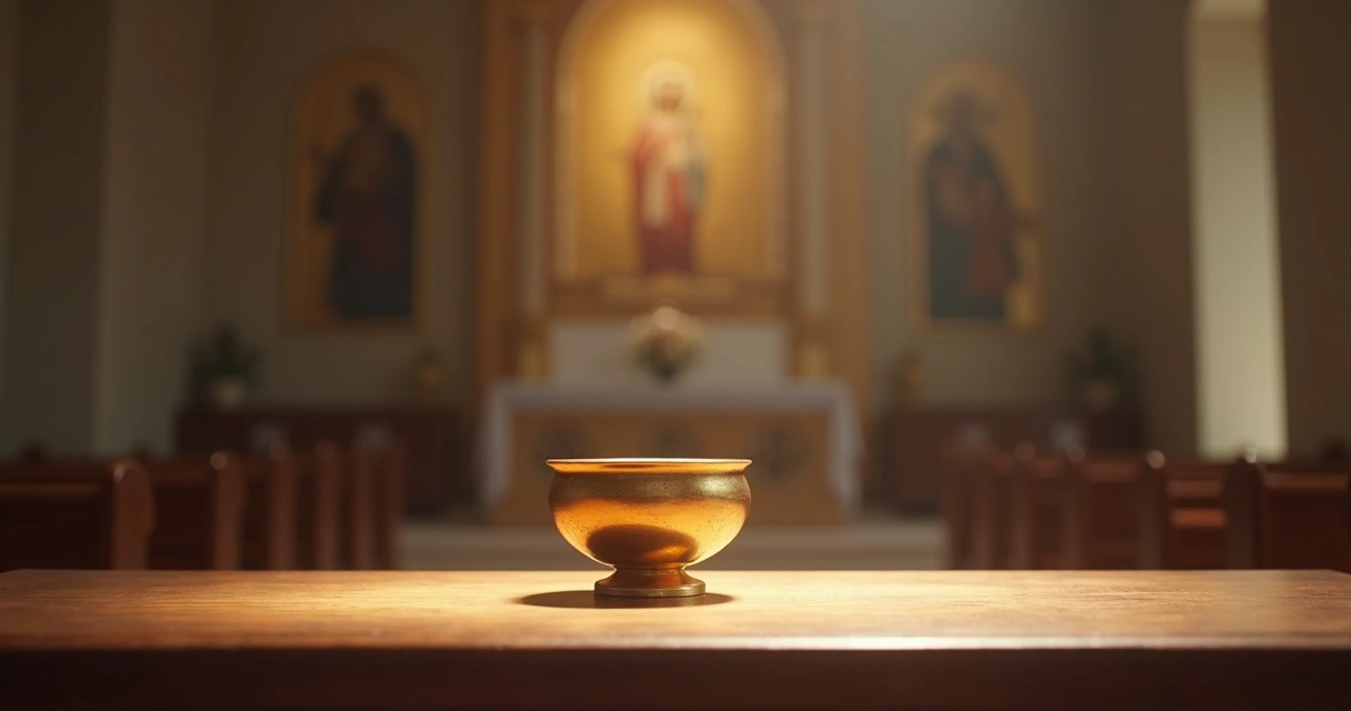 Vaso dourado simples sobre altar de igreja vazia 