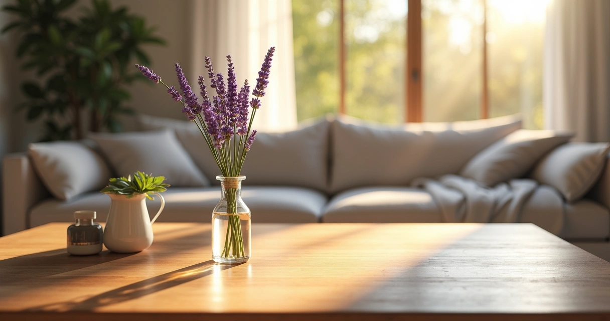 Vaso de lavanda sobre mesa de madeira iluminada 