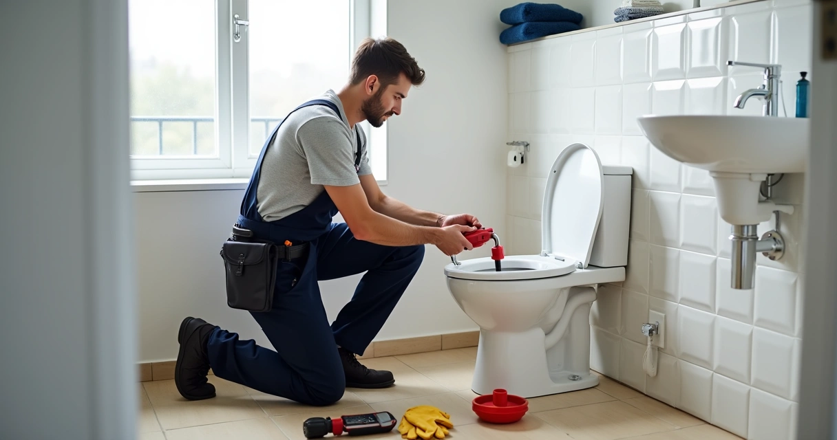 Canalizador a desentupir vaso sanitário numa casa de banho moderna 
