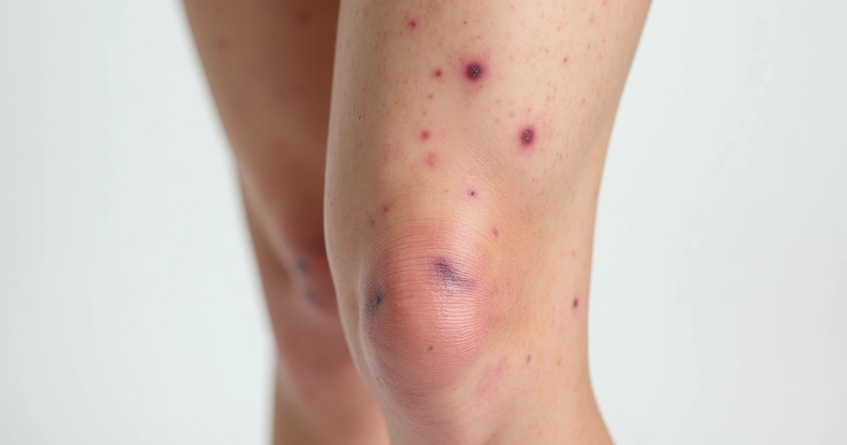 Vasos aparentes e machas roxas na perna humana 