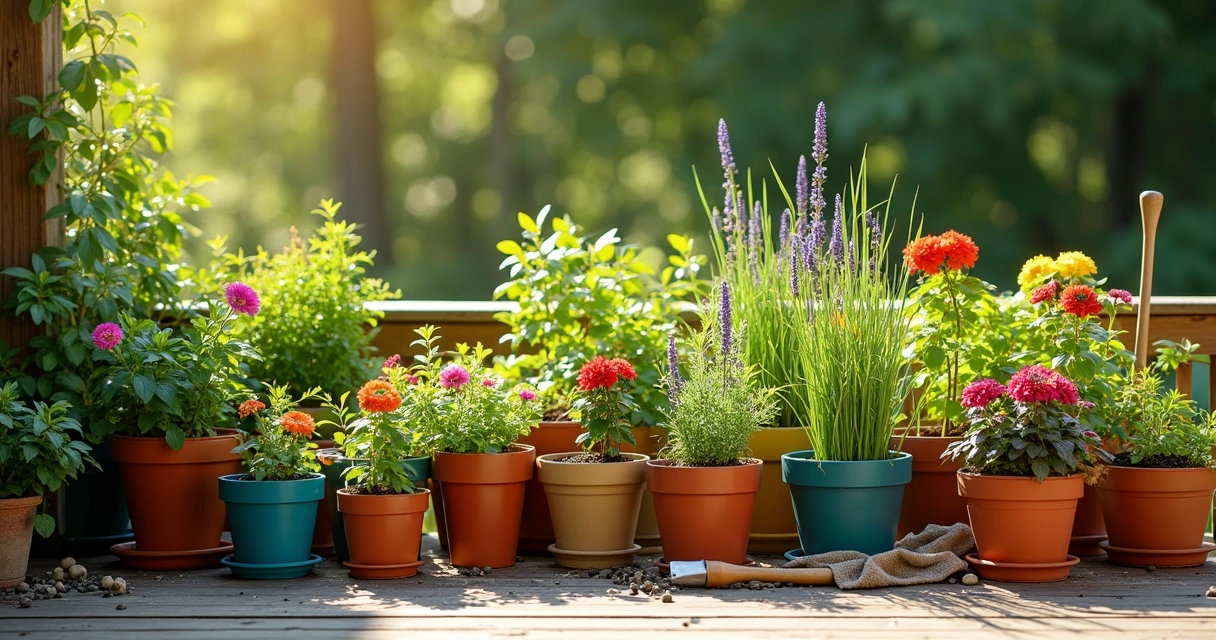 Vasos de diferentes cores e tamanhos juntos em um jardim 