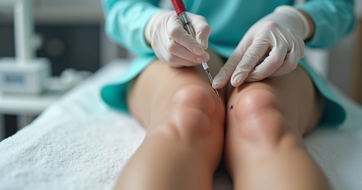 Escleroterapia sendo realizada em pernas com varizes e vasinhos 