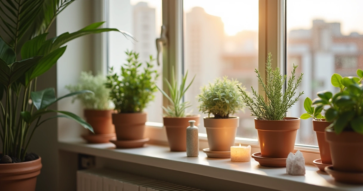 Vasos de plantas em janela de apartamento.