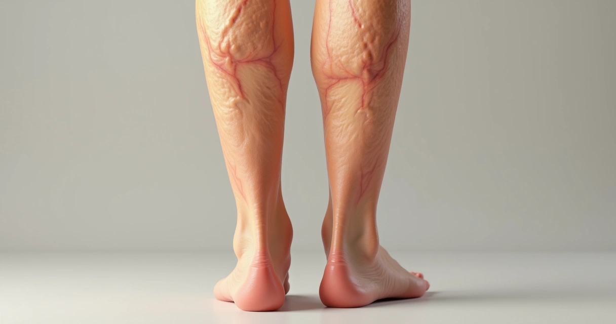 Close-up das pernas mostrando vasos sanguíneos visíveis e varizes em pele clara com fundo neutro 