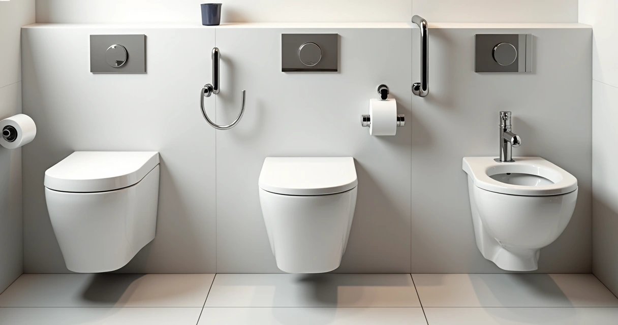 Diferentes modelos de vasos sanitários instalados em banheiros modernos 