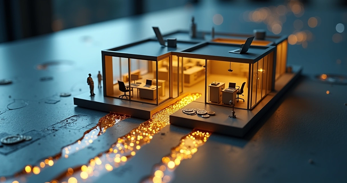 Maquete de escritório com dinheiro escorrendo por rachaduras do chão 
