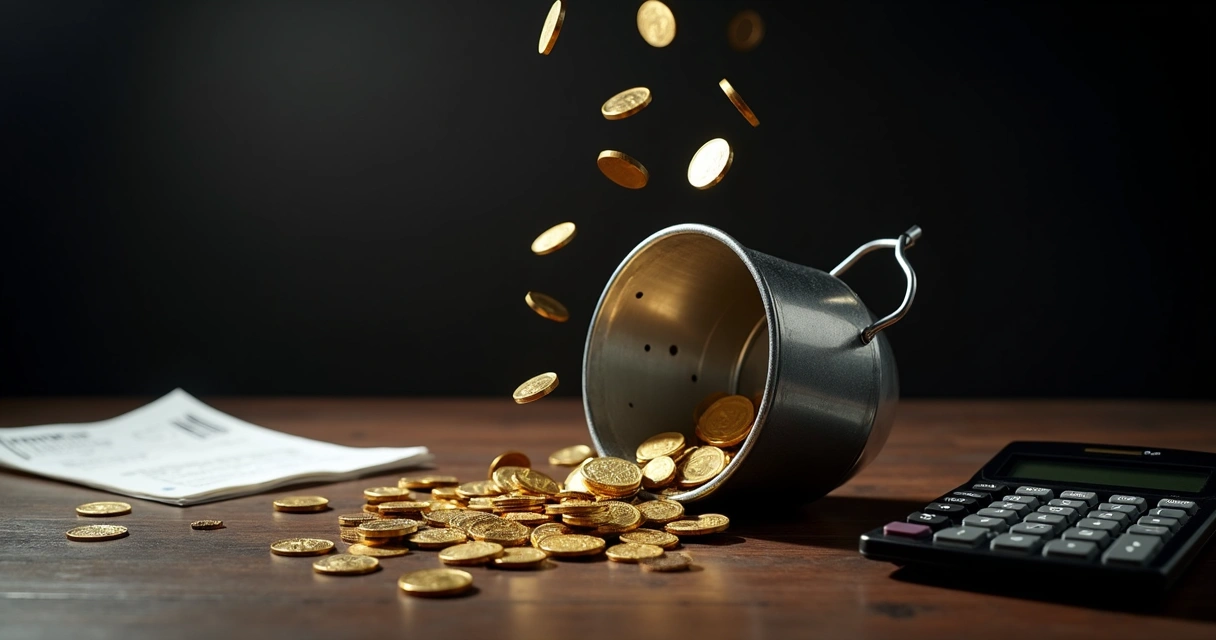 Balde furado deixando moedas caírem 