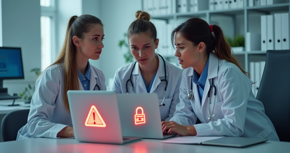 Equipe de clínica médica discutindo incidente de vazamento de dados ao redor de notebook com alerta na tela