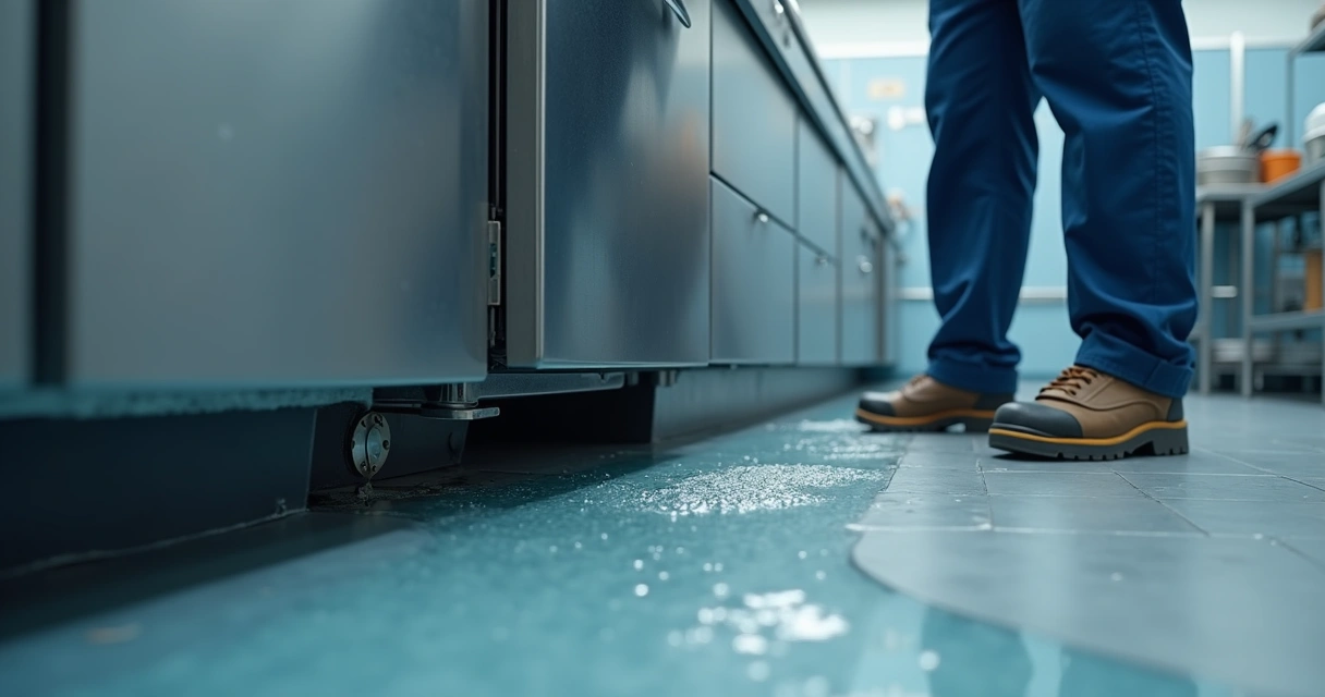 Poça de água próximo à base de lava-louças comercial 