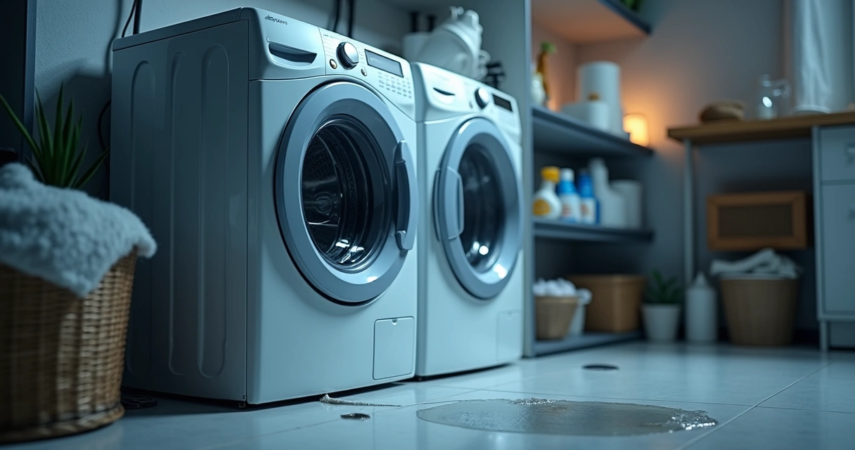 Lavadora com vazamento de água no piso da lavanderia 