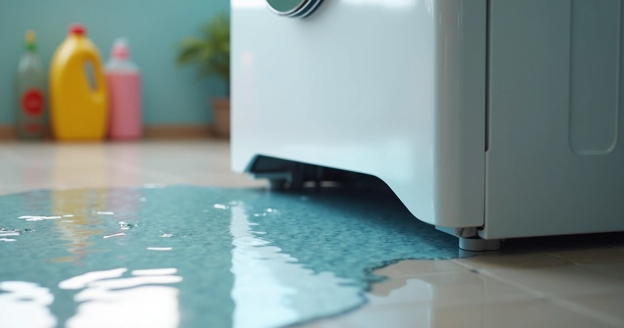 Água escorrendo debaixo de uma máquina de lavar roupa 