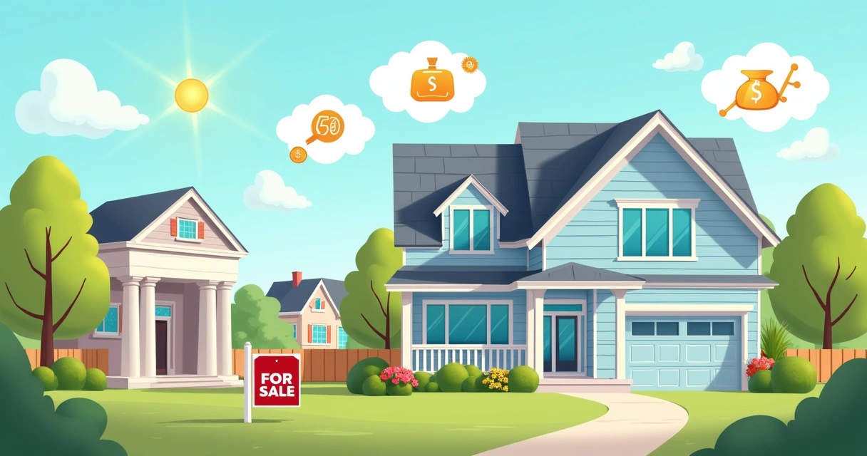 Ilustración de un vecindario suburbano con una casa en venta, un banco y símbolos de dinero e intereses.
