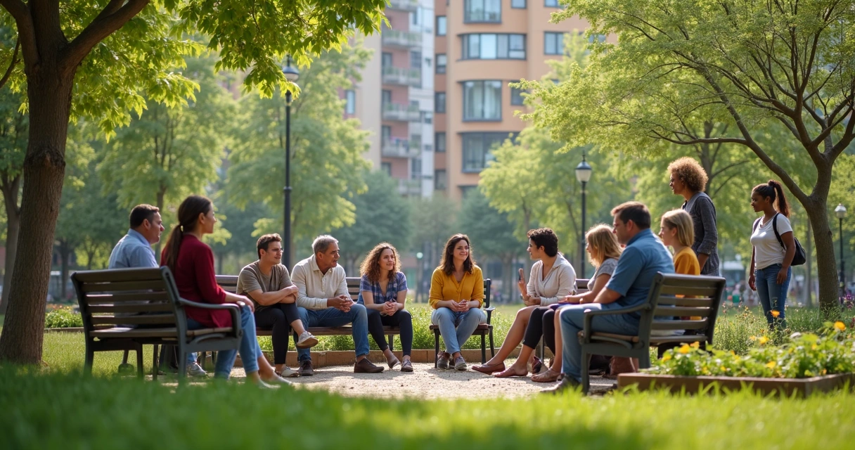 Vecinos reunidos dialogando en una plaza con árboles y edificios detrás