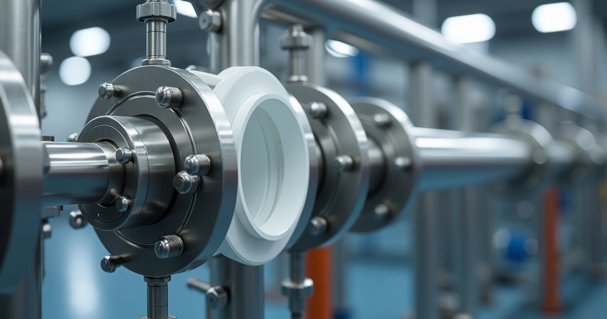 Vedação em PTFE instalada em tubulação industrial 