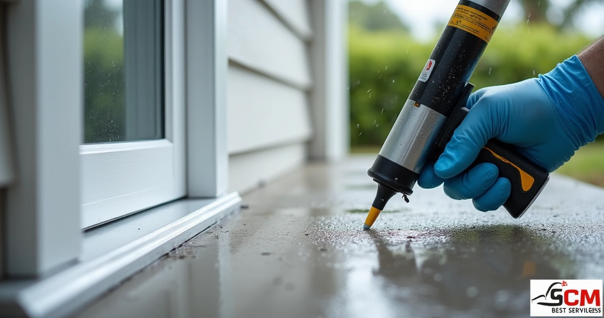 Técnico aplicando selante em soleira de porta externa sob chuva leve em casa na Flórida 