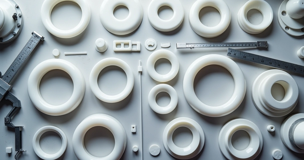 Usinagem de peças em teflon: vedações e buchas de PTFE organizadas em bancada técnica