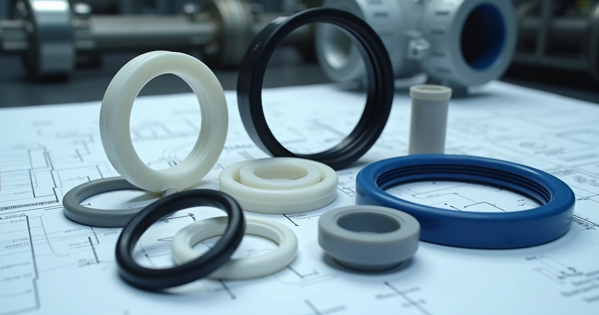 Conjunto de vedações especiais industriais em polímeros avançados sobre plano técnico 