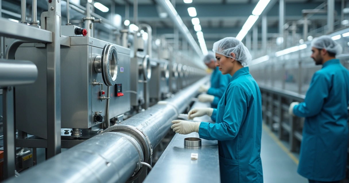 Linha de produção de alimentos com vedações de polímero em equipamentos de aço inox. 