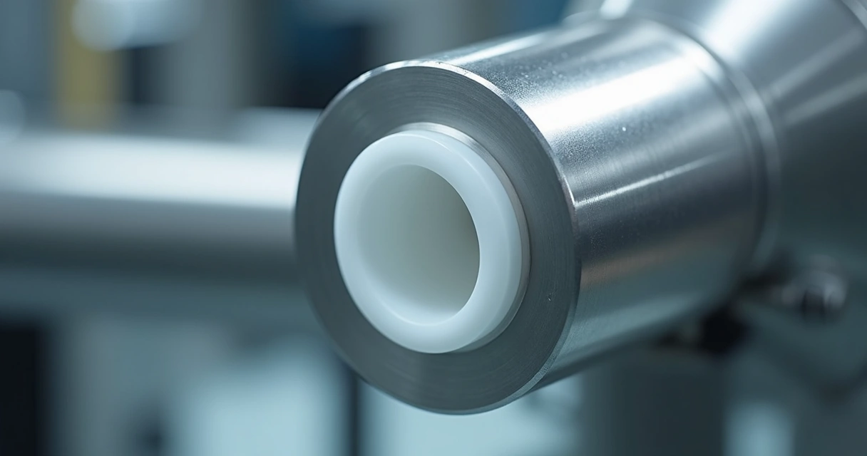 Detalhe de vedação técnica em teflon aplicada em tubo de aço inox 