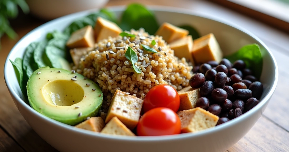 Vegan bowl with avocado, tofu, beans, quinoa, and leafy greens 