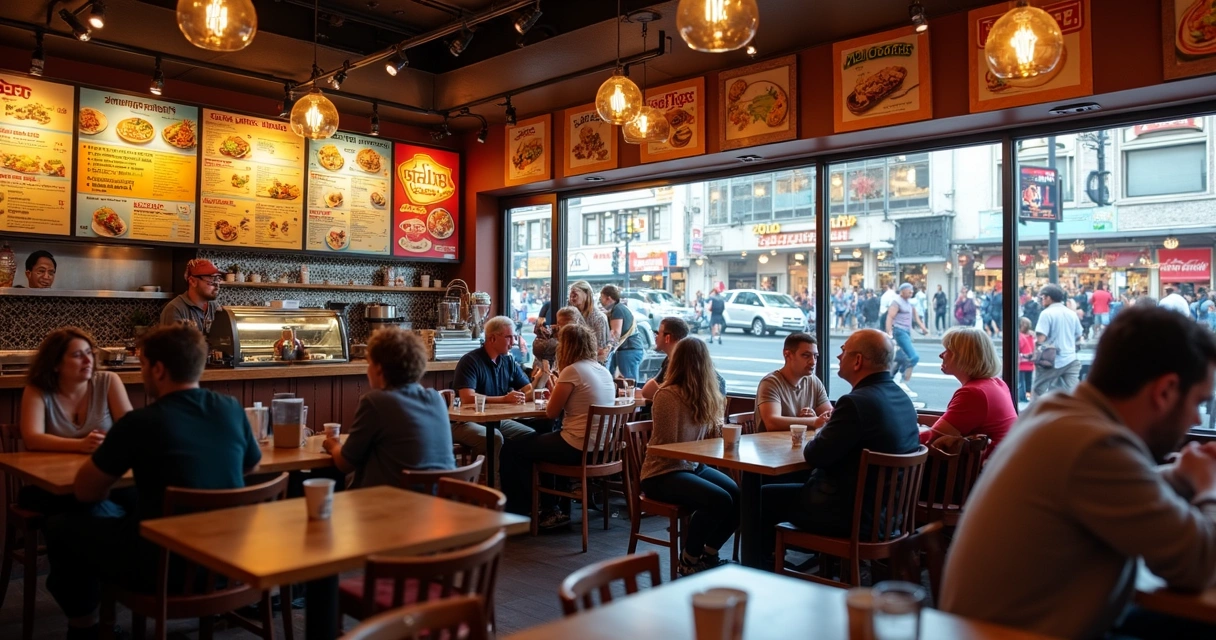 Busy Las Vegas café with customers and vibrant displays.