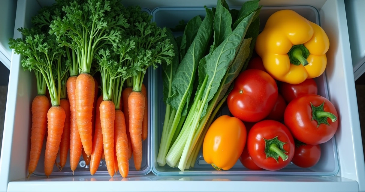 Fresh vegetables organized neatly in fridge drawer