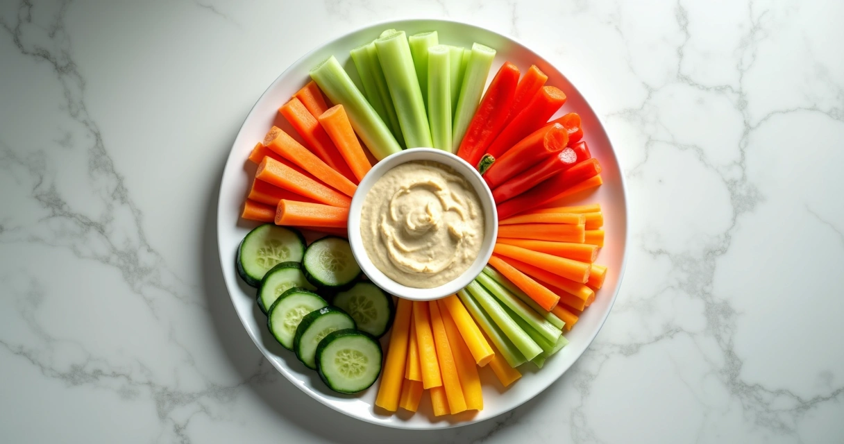 Vegetable sticks arranged with a bowl of hummus 
