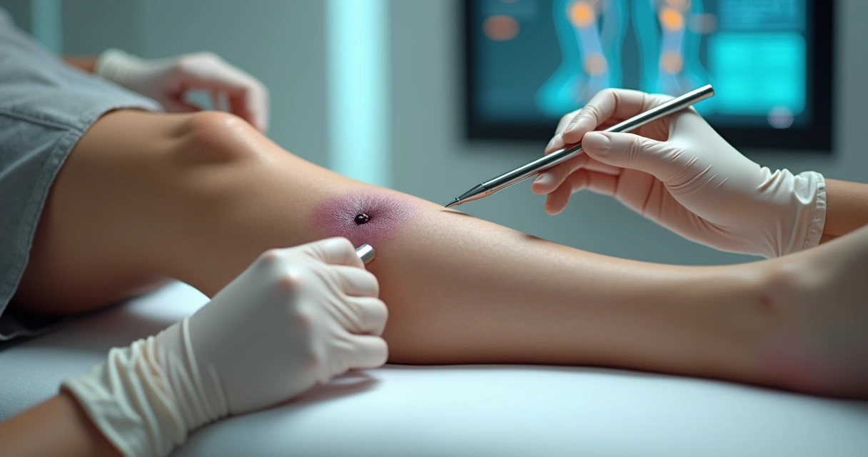Detalhe de perna com hematoma roxo sendo avaliada por médico vascular 