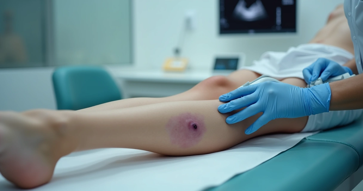 Perna com hematoma roxo sendo examinada por médico com equipamento moderno 