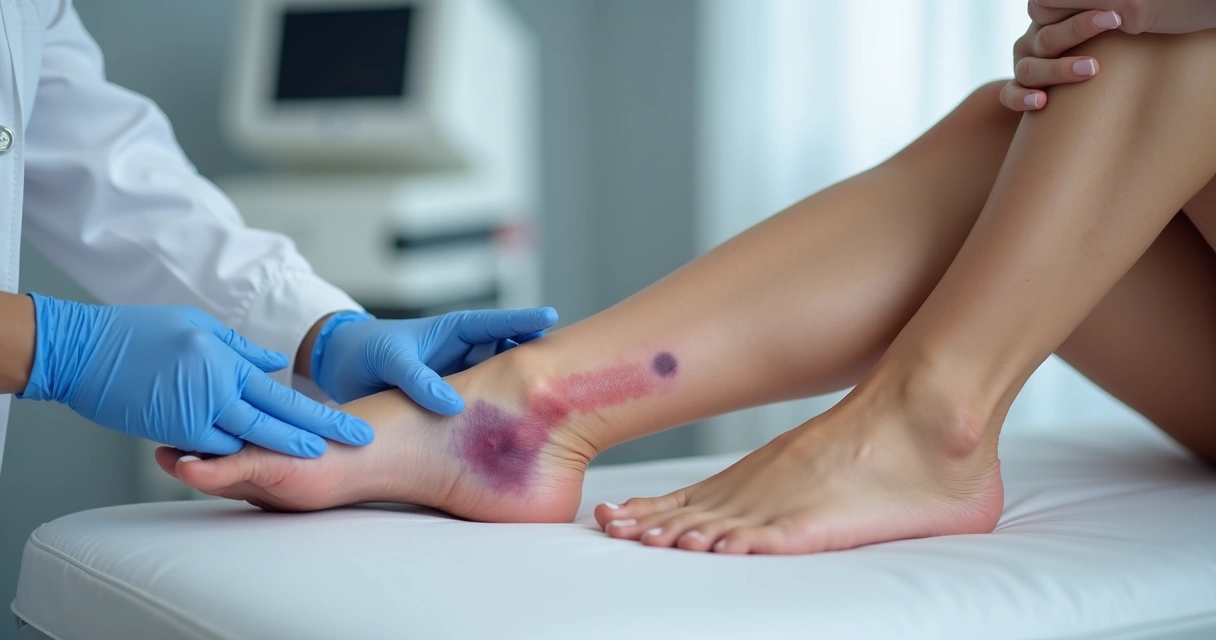 Perna com varizes e mancha roxa de veia rompida sendo examinada por médico vascular 