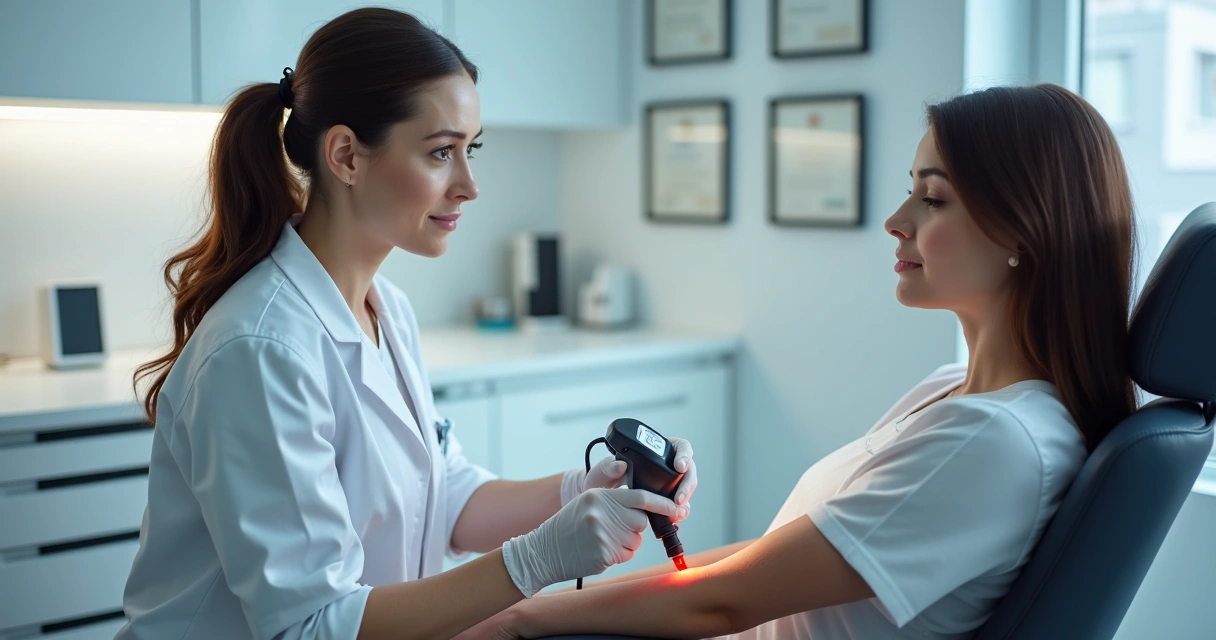 Aplicação de laser em veia aparente no braço de mulher