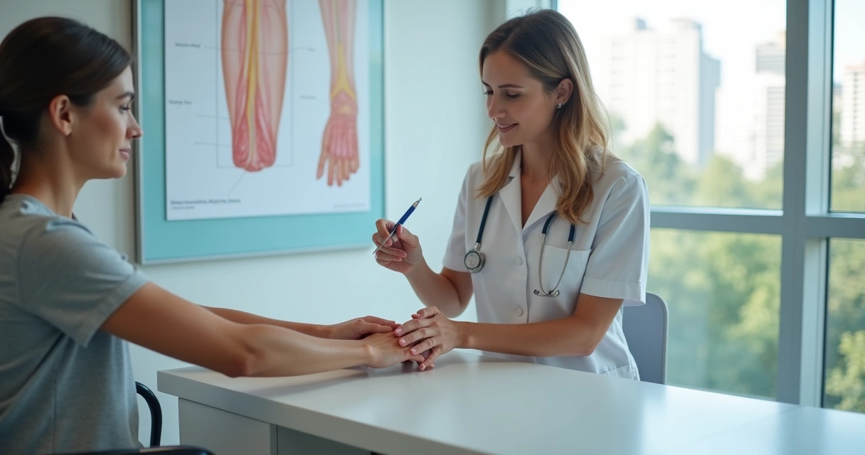 Médica vascular examinando veias aparentes no braço de paciente em consultório moderno 