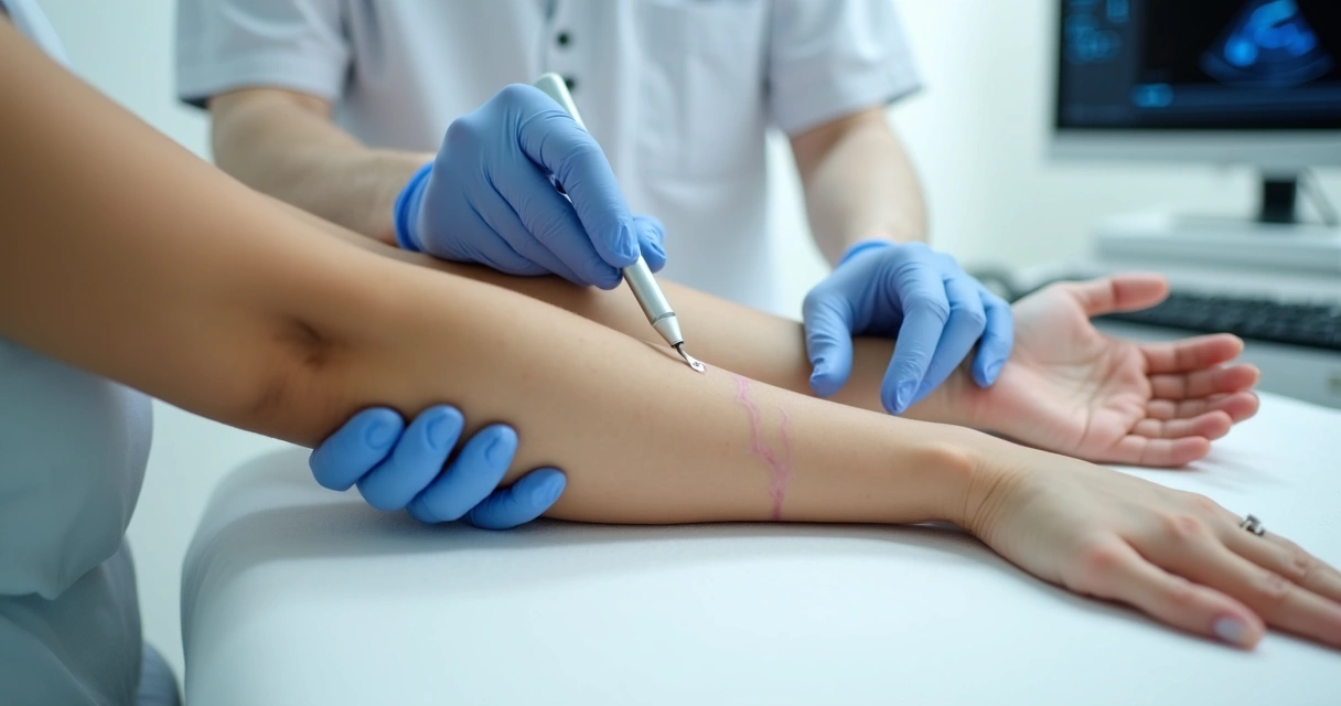 Braços apoiados em mesa de clínica com veias aparentes sendo avaliadas por médico vascular 