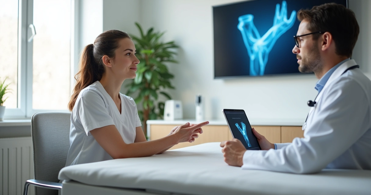 Paciente mostrando veias aparentes nos braços a médico vascular em consultório moderno 