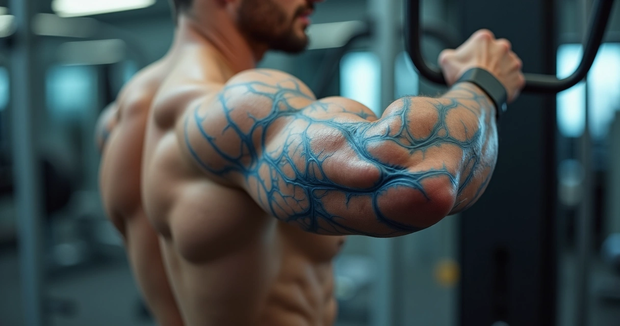 Braço de pessoa magra e com pouca gordura subcutânea, veias aparentes, ambiente de academia