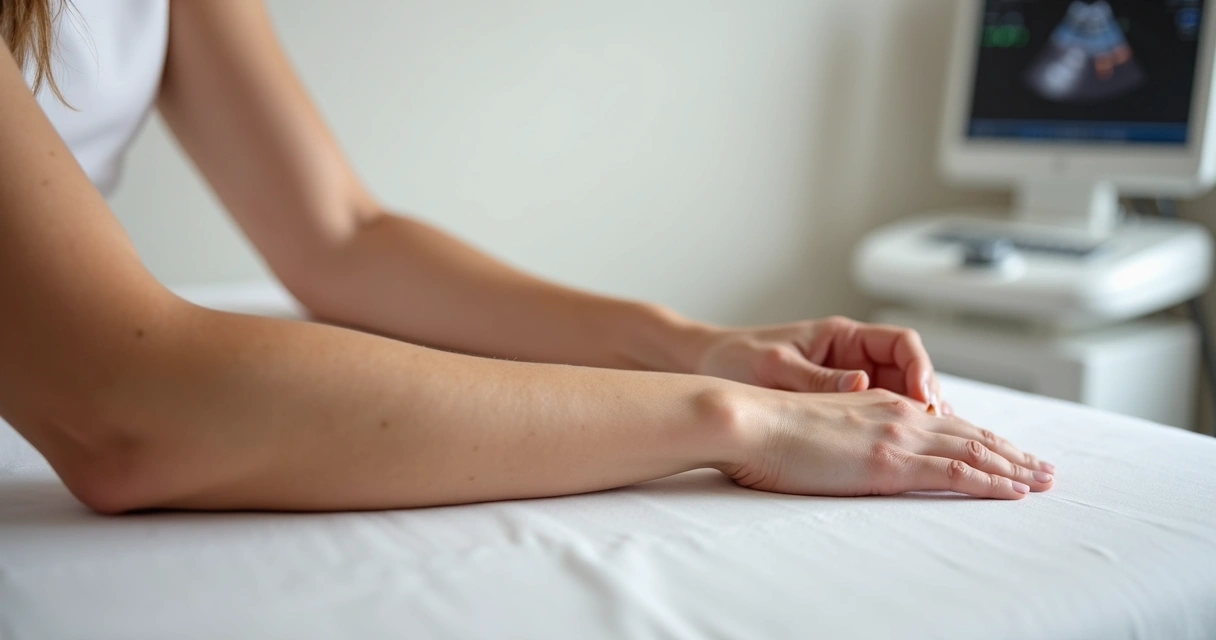 Braço feminino com veias aparentes em destaque em ambiente de clínica moderna 