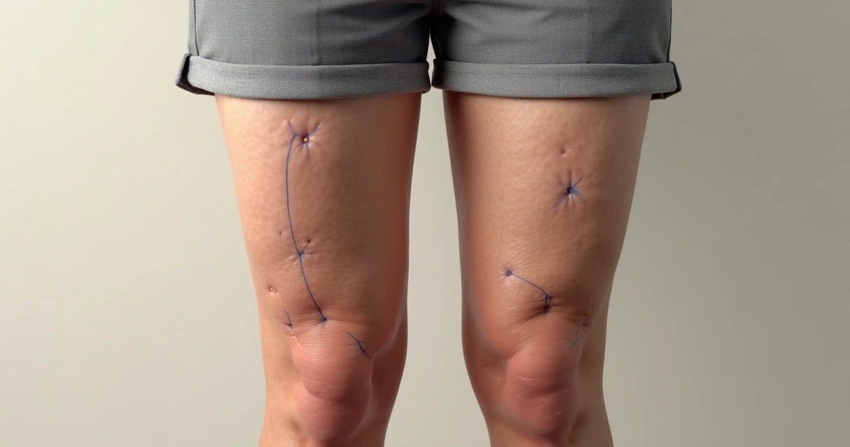 Pernas com varizes visíveis e veias dilatadas 