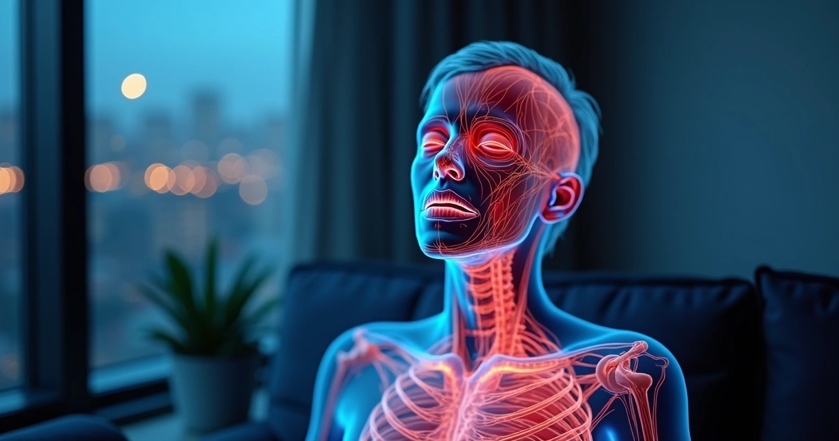 Veias humanas destacadas sob pele com expressão facial de estresse 