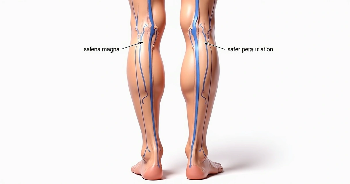 Desenho anatômico mostrando veias das pernas, incluindo safena magna e parva. 