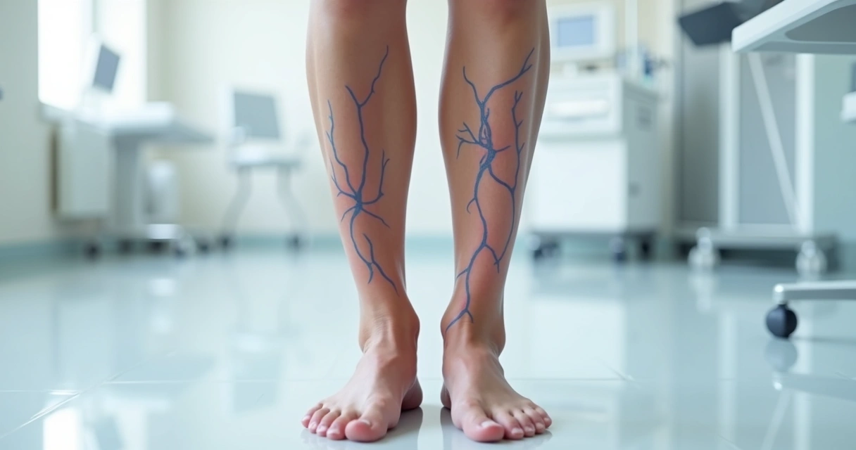 Veias dilatadas visíveis em pernas femininas sob luz clínica 