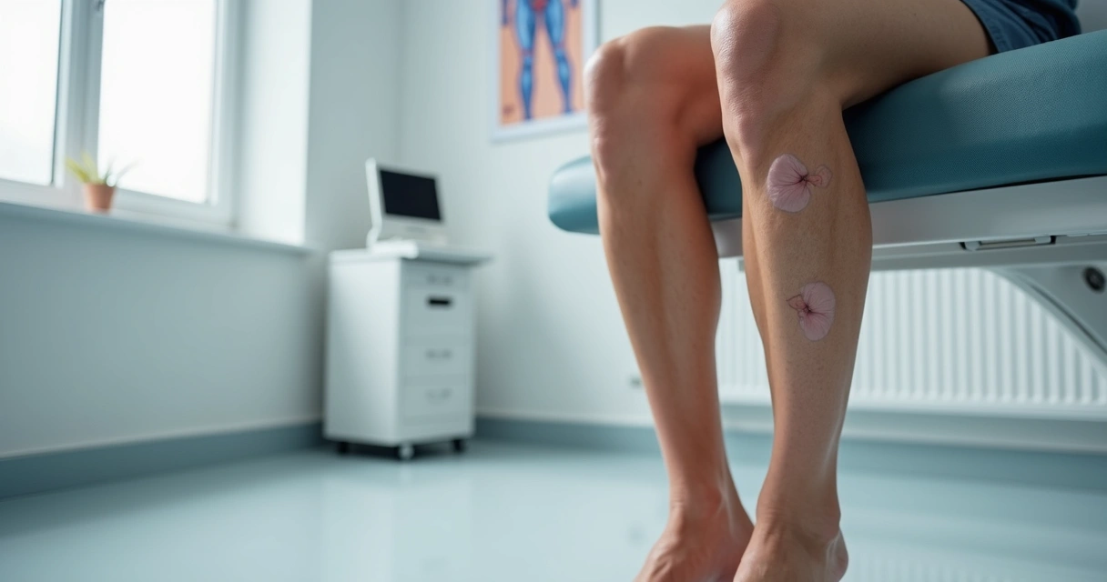 Close-up de pernas com veias saltadas visíveis em ambiente clínico 