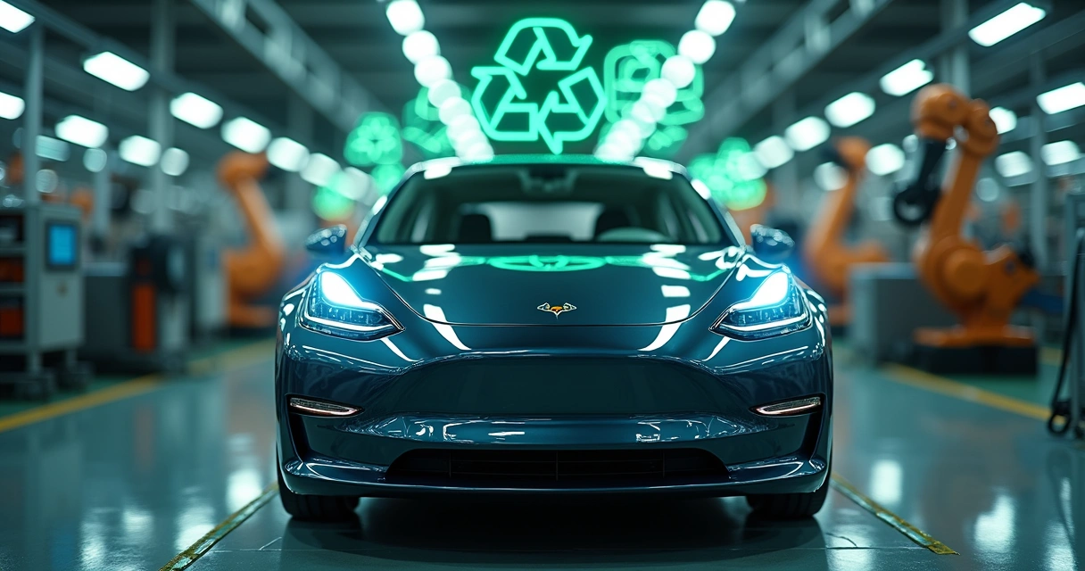 Carro elétrico em linha de montagem e símbolos de energia sustentável 