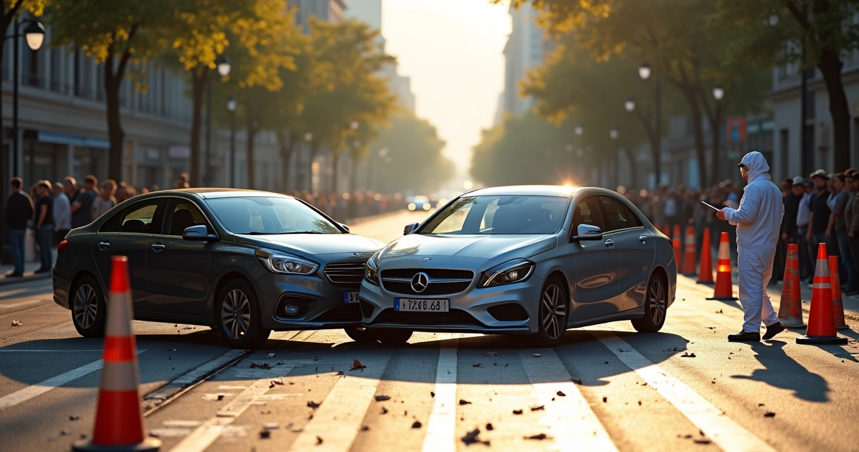 Dois carros colididos e perito analisando local do acidente 