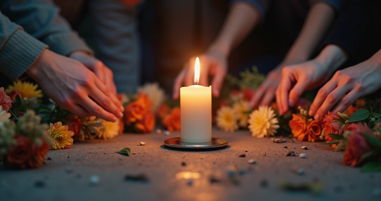 Vela acesa em memorial coletivo com flores ao redor 