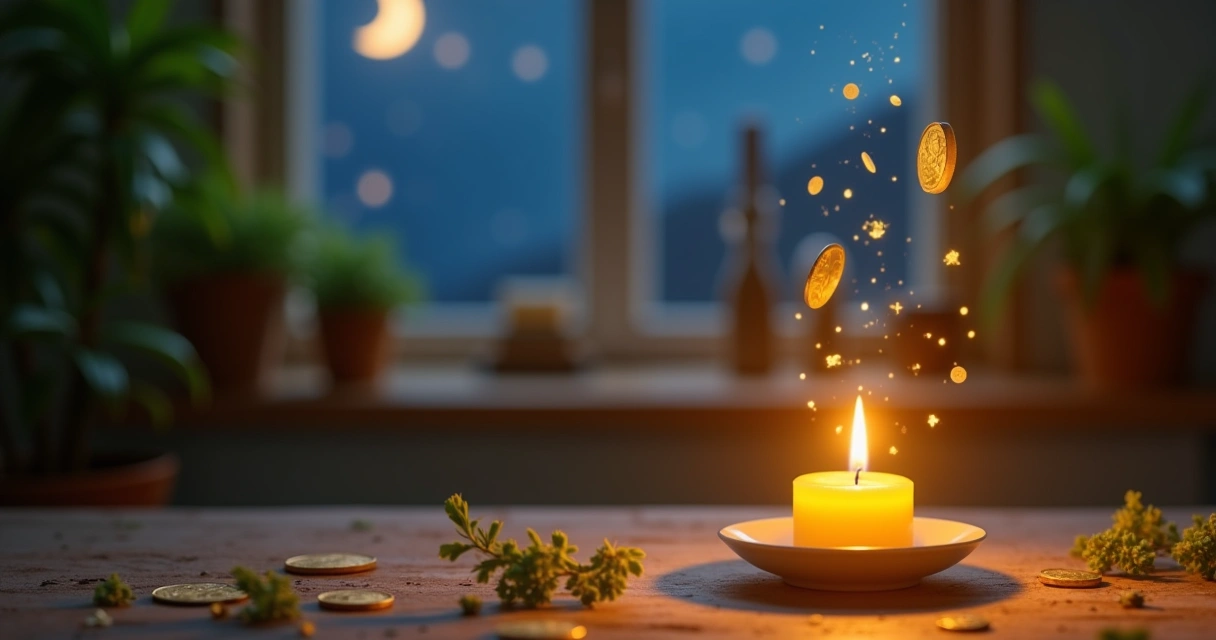 Cena tranquila com vela amarela acesa simbolizando prosperidade, plantas verdes ao fundo e lua crescente.