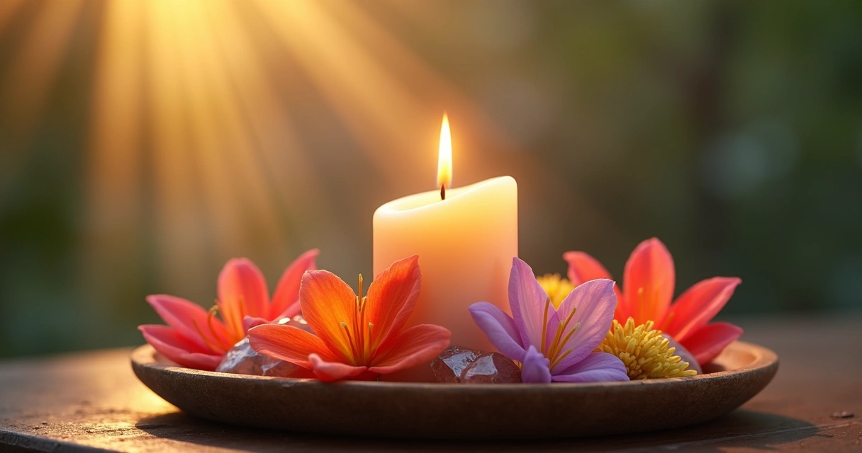Vela acesa com flores e cristais ao redor, luz suave de fundo 