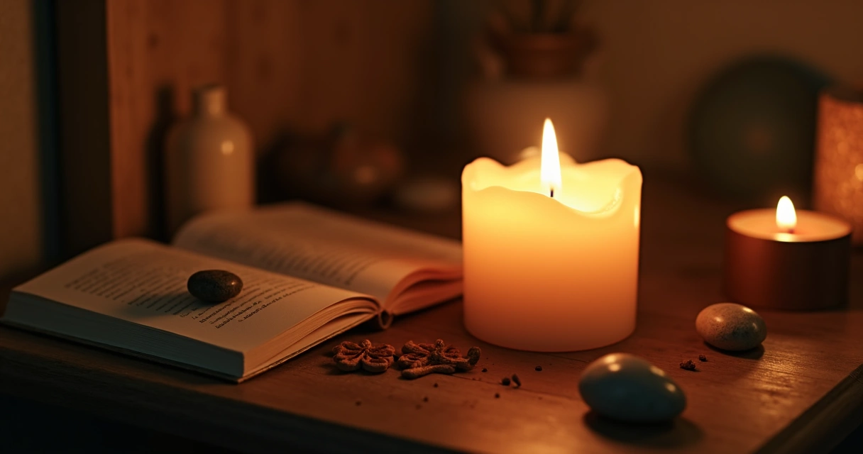 Vela acesa ao lado de objetos pessoais em um ambiente acolhedor 