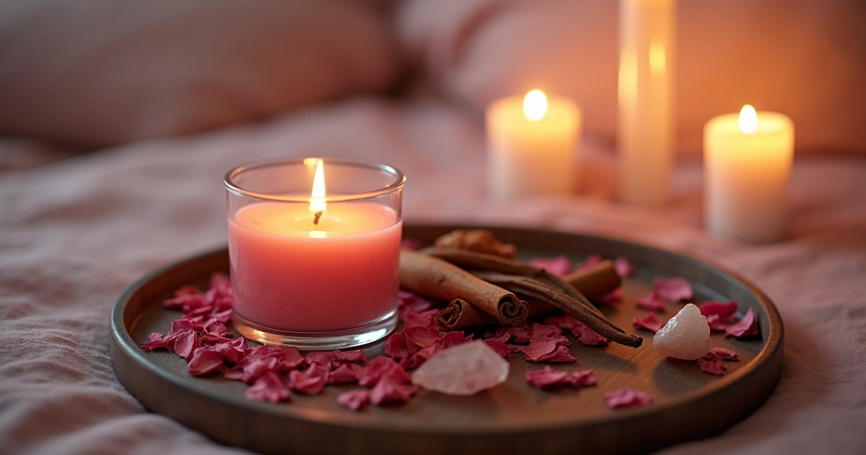 Vela artesanal com pétalas e aromas naturais em ambiente íntimo 