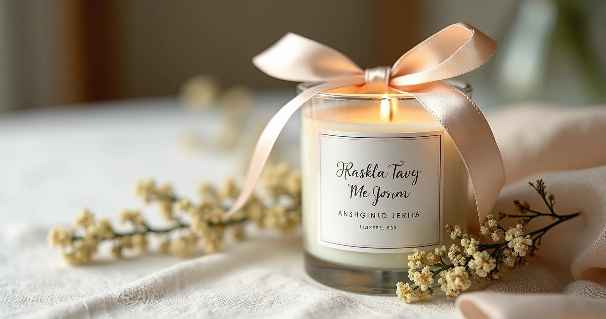Vela aromática em embalagem personalizada, com rótulo elegante e laço de cetim. 