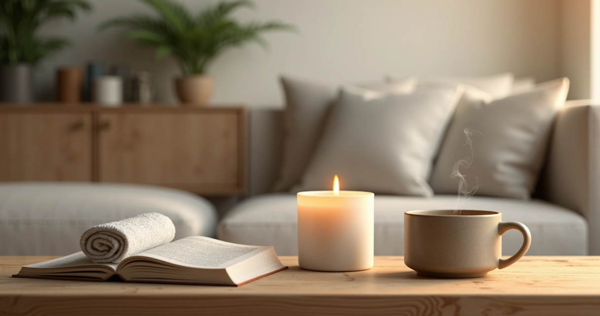 Vela aromática acesa ao lado de toalha branca e livro 